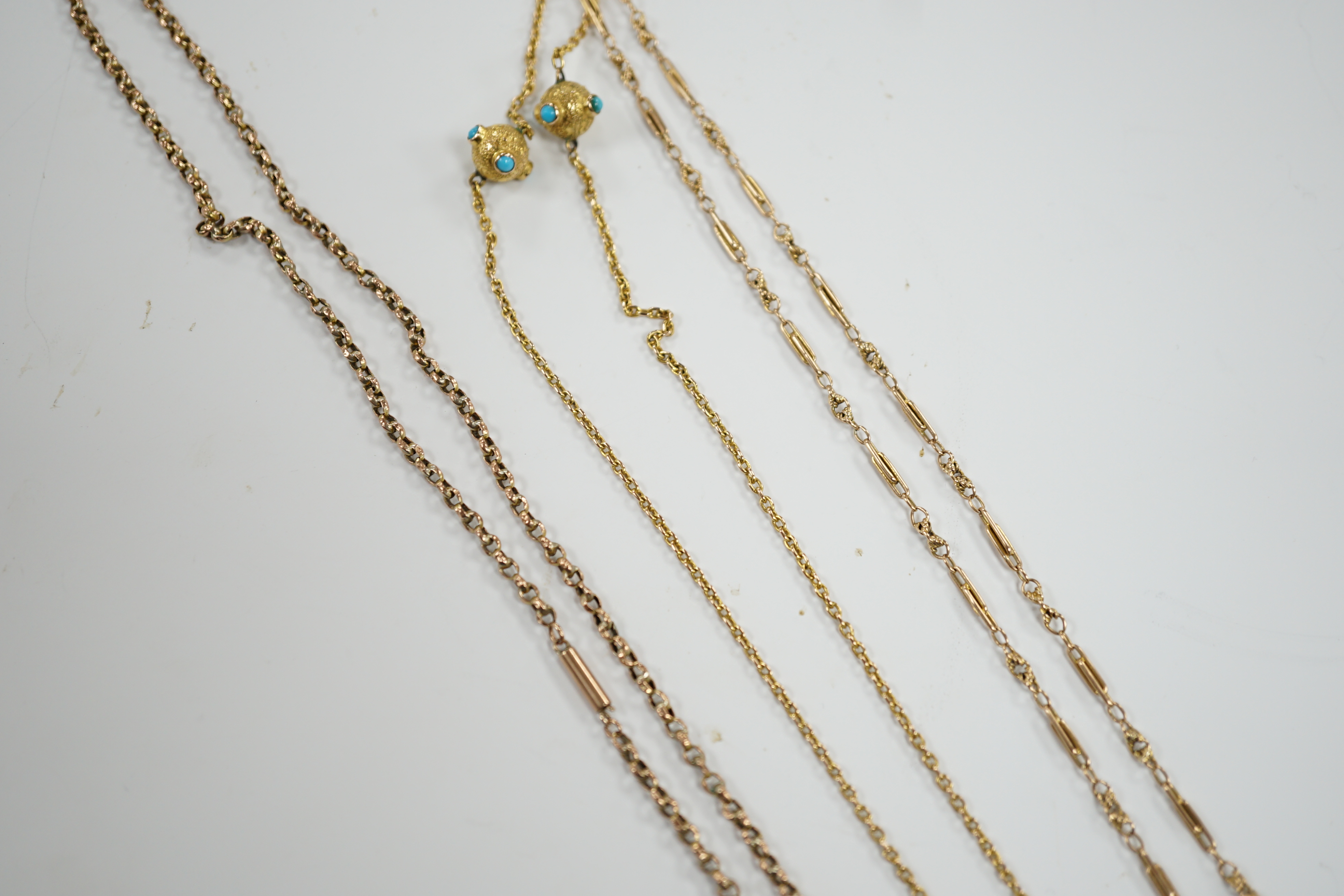 A 9ct and turquoise set chain (a.f.) and two other yellow metal chains (a.f.), gross 17.9 grams.